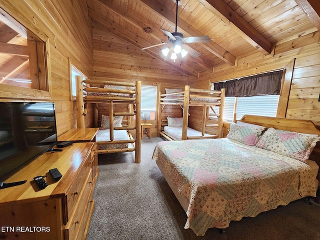 bedroom with dark colored carpet, vaulted ceiling with beams, wood ceiling, and wood walls