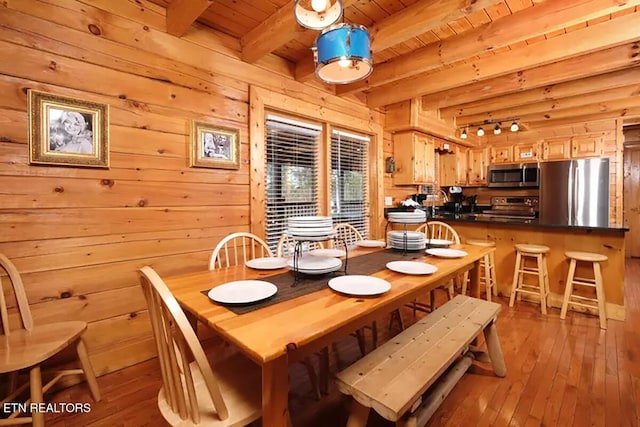 dining area featuring light hardwood / wood-style flooring, wood ceiling, wooden walls, and beamed ceiling