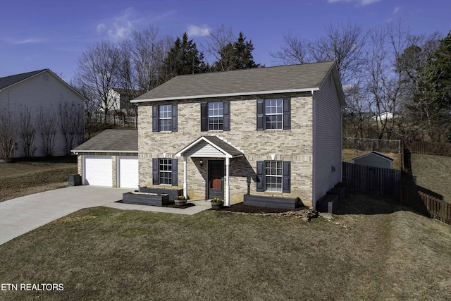 colonial inspired home featuring a garage, a front yard, and central air condition unit