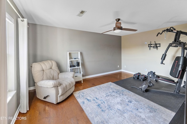 workout area featuring hardwood / wood-style flooring and ceiling fan