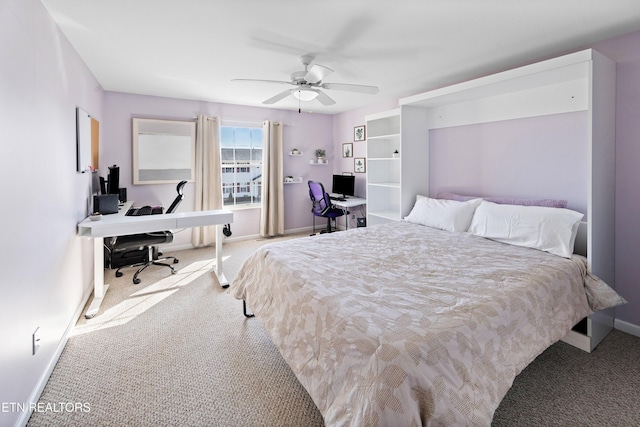 carpeted bedroom featuring ceiling fan