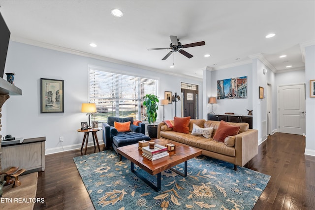 living room featuring ceiling fan, ornamental molding, and dark hardwood / wood-style floors