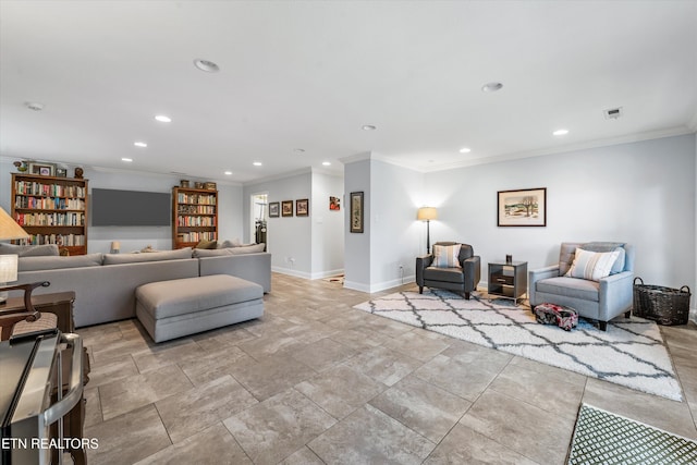 living room with ornamental molding