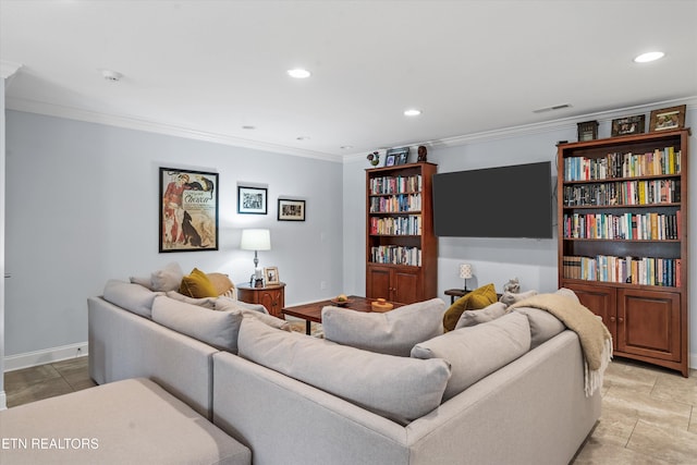 living room featuring crown molding