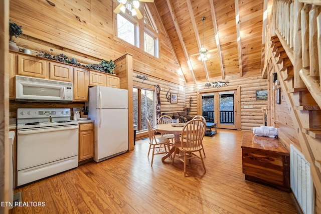 kitchen featuring light wood-type flooring, white appliances, wooden ceiling, and light brown cabinetry