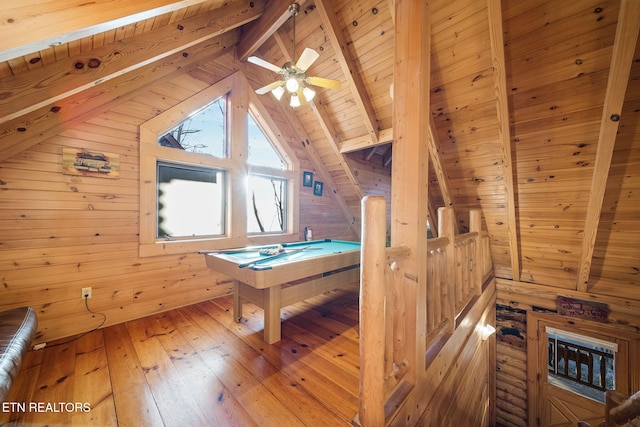 game room with light wood-type flooring, wood walls, lofted ceiling with beams, and wood ceiling