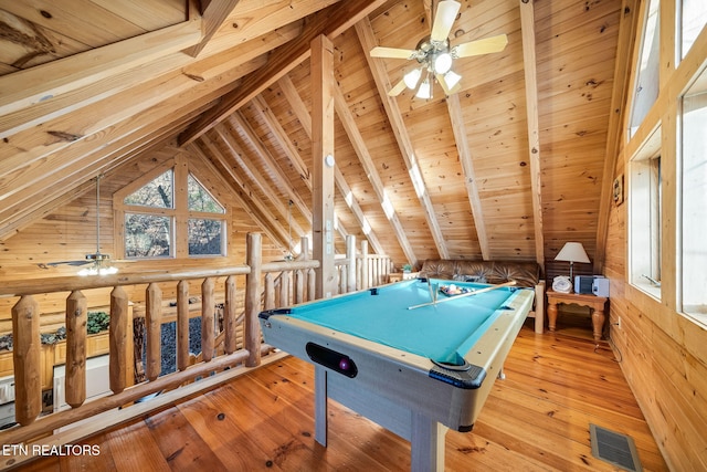 recreation room with pool table, wooden ceiling, lofted ceiling with beams, and light hardwood / wood-style flooring