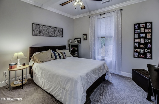 bedroom featuring crown molding, ceiling fan, and carpet flooring