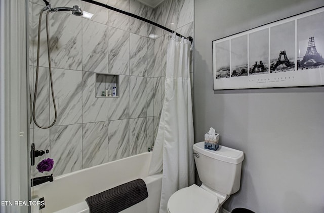 bathroom featuring toilet and shower / bathtub combination with curtain