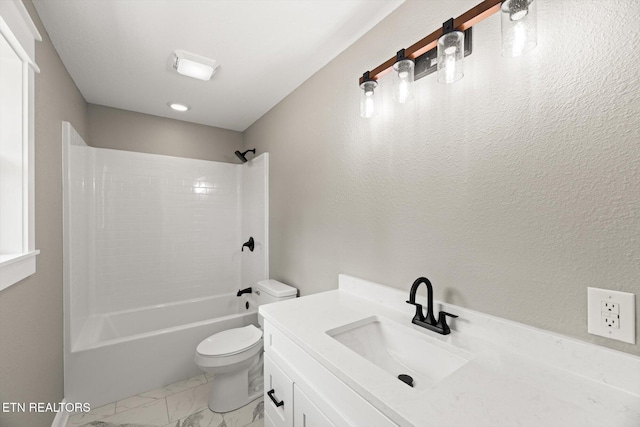 full bathroom with vanity, bathing tub / shower combination, and toilet