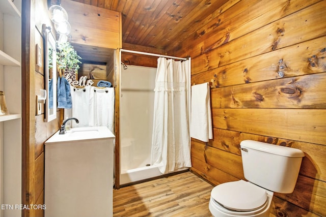 bathroom with hardwood / wood-style flooring, wooden walls, a shower with shower curtain, wooden ceiling, and toilet