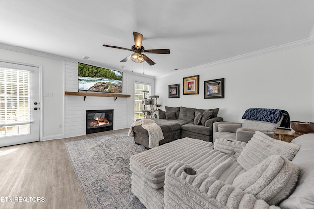 living room with a fireplace, crown molding, wood-type flooring, and ceiling fan