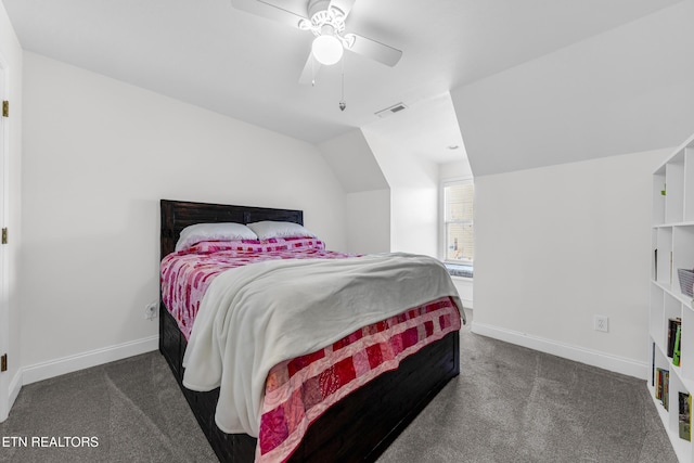 carpeted bedroom with lofted ceiling and ceiling fan