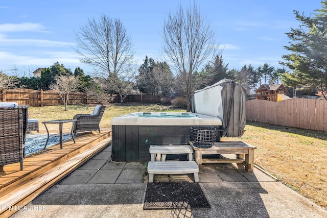 view of patio featuring a hot tub