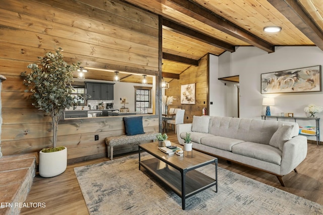 living room with wood-type flooring, vaulted ceiling with beams, and wood ceiling