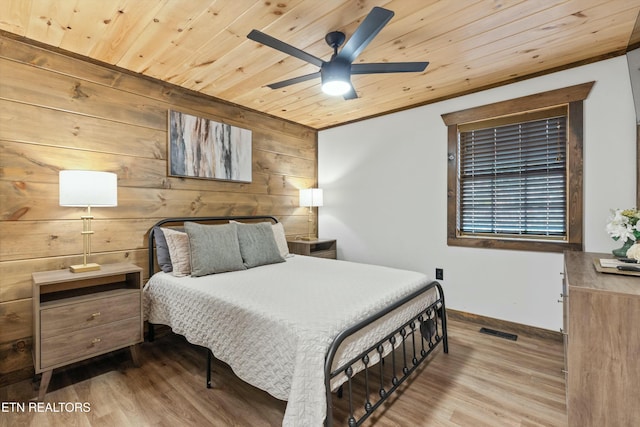 bedroom with wood ceiling and light wood-type flooring