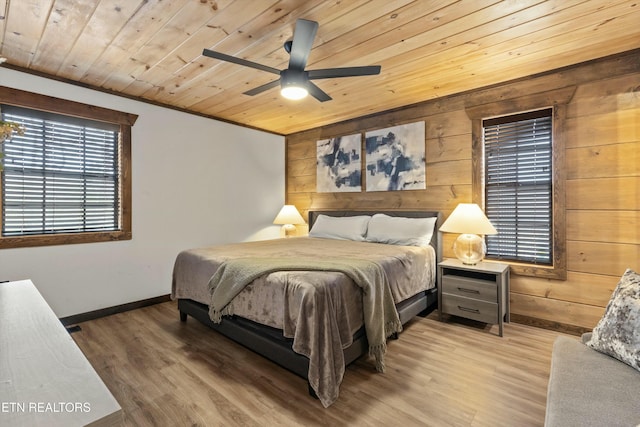 bedroom featuring wood ceiling, ceiling fan, hardwood / wood-style floors, and wood walls