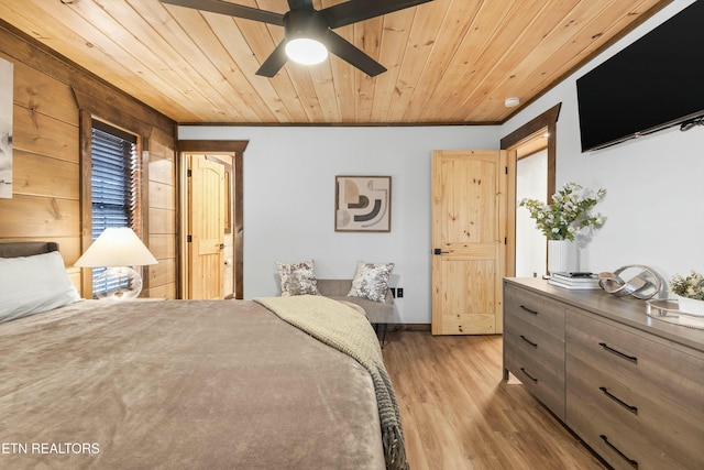 bedroom with hardwood / wood-style floors, wood ceiling, and ceiling fan