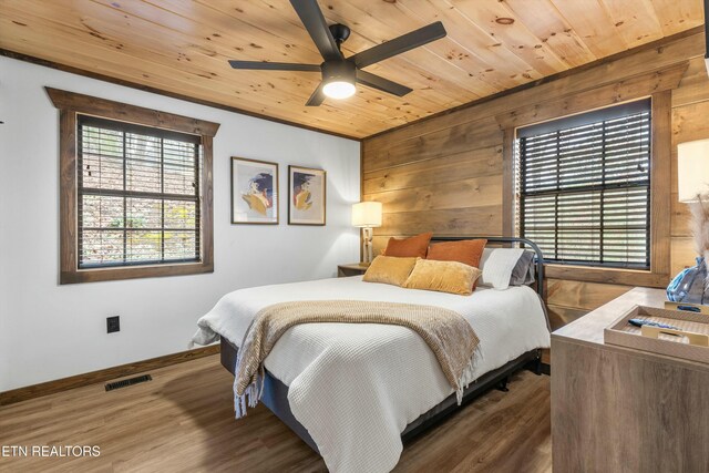 bedroom with wood ceiling, dark hardwood / wood-style flooring, and wood walls