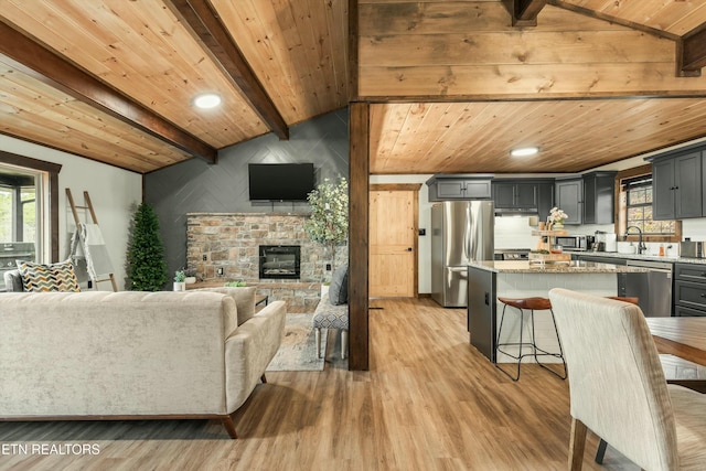 living room with wood ceiling, a fireplace, lofted ceiling with beams, and light hardwood / wood-style flooring