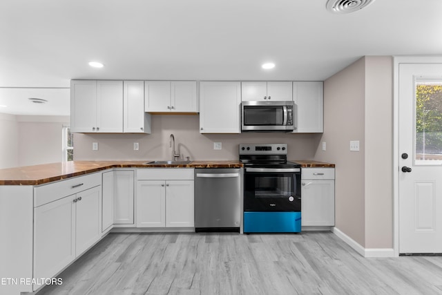 kitchen featuring stainless steel appliances, kitchen peninsula, sink, and white cabinets