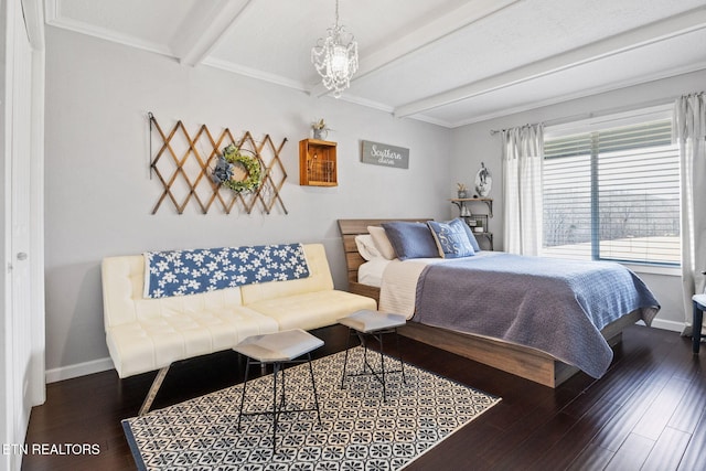 bedroom with beamed ceiling, dark wood-type flooring, and a notable chandelier