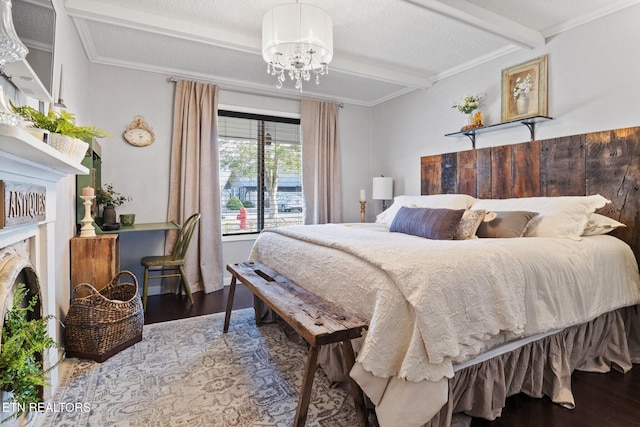 bedroom with beamed ceiling, ornamental molding, wood-type flooring, and a notable chandelier