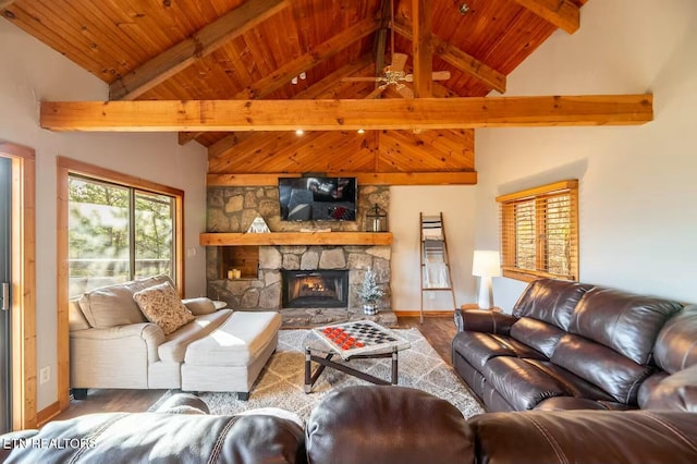 living room with beam ceiling, wood-type flooring, wooden ceiling, and a fireplace