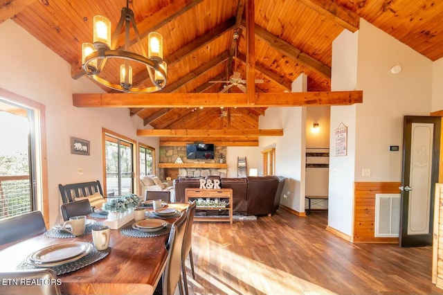 dining area featuring wood ceiling, high vaulted ceiling, a fireplace, wood-type flooring, and beamed ceiling