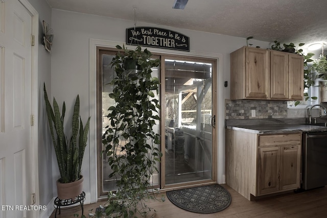 kitchen featuring sink, a textured ceiling, stainless steel dishwasher, hardwood / wood-style floors, and decorative backsplash