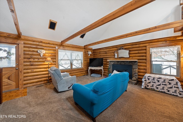 carpeted living room featuring high vaulted ceiling, a fireplace, log walls, beam ceiling, and a textured ceiling