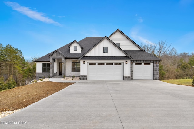 modern inspired farmhouse featuring a garage