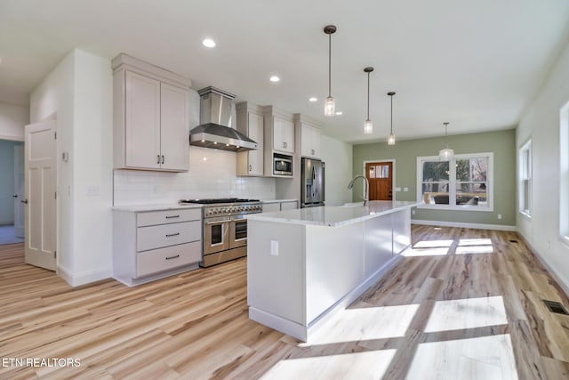 kitchen with pendant lighting, appliances with stainless steel finishes, tasteful backsplash, a center island with sink, and wall chimney exhaust hood