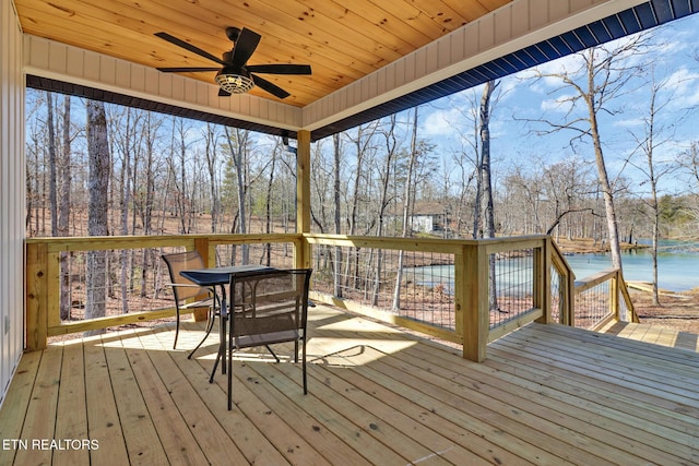 wooden deck featuring ceiling fan and a water view