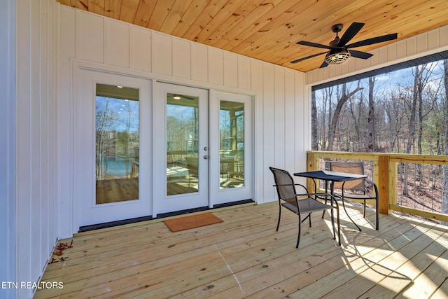 sunroom / solarium featuring wood ceiling, french doors, and ceiling fan