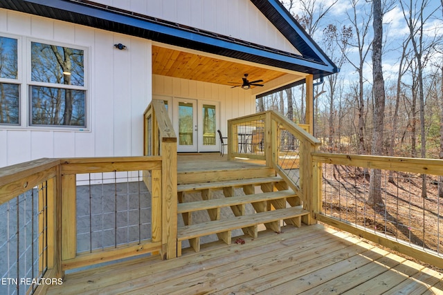 deck with french doors and ceiling fan