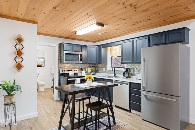 kitchen featuring sink, appliances with stainless steel finishes, light wood-type flooring, and decorative backsplash