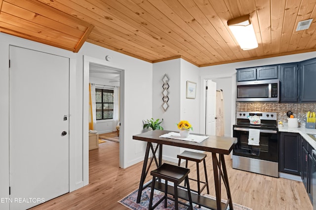 kitchen with appliances with stainless steel finishes, tasteful backsplash, wood ceiling, crown molding, and light wood-type flooring