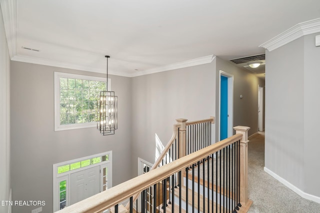 hall featuring ornamental molding, carpet flooring, and a chandelier