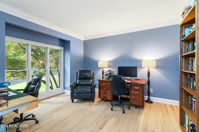 office space with crown molding and light hardwood / wood-style floors