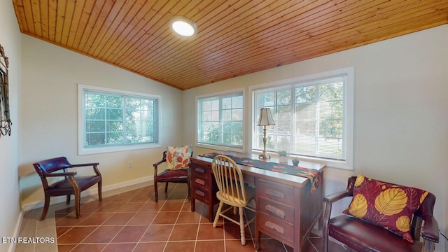 tiled home office featuring wood ceiling and vaulted ceiling