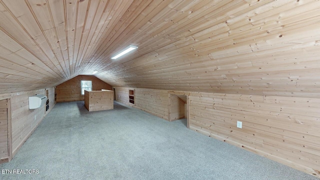 bonus room with light carpet, wooden walls, wooden ceiling, and vaulted ceiling