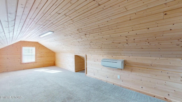 bonus room featuring lofted ceiling, wooden walls, wooden ceiling, and carpet