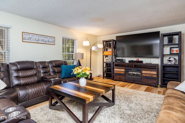 living room with a textured ceiling and light wood-type flooring