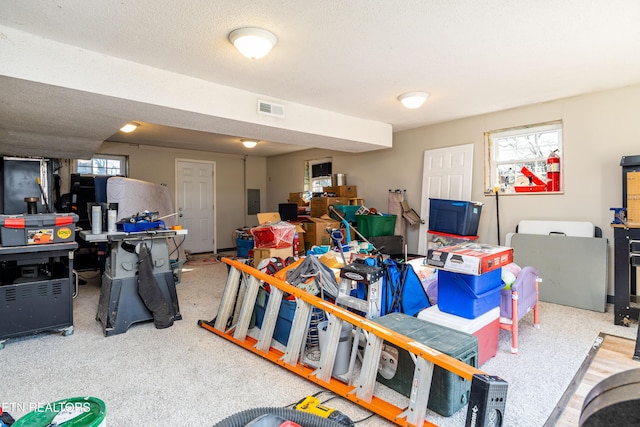 interior space with carpet flooring and a textured ceiling