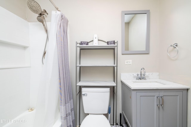 full bathroom with vanity, shower / bathtub combination with curtain, and toilet