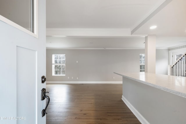 unfurnished room featuring ornamental molding and dark hardwood / wood-style flooring