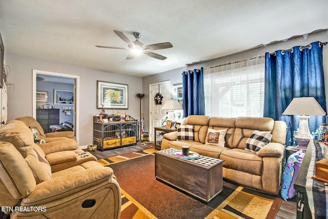 living room with ceiling fan and hardwood / wood-style floors