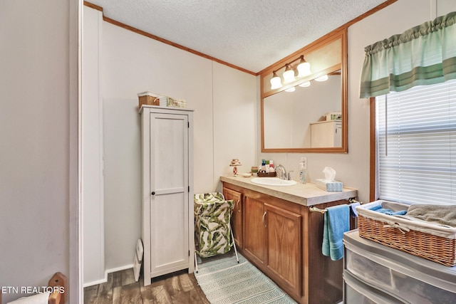 bathroom with hardwood / wood-style flooring, vanity, crown molding, and a textured ceiling