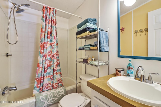 full bathroom featuring toilet, vanity, and shower / bathtub combination with curtain